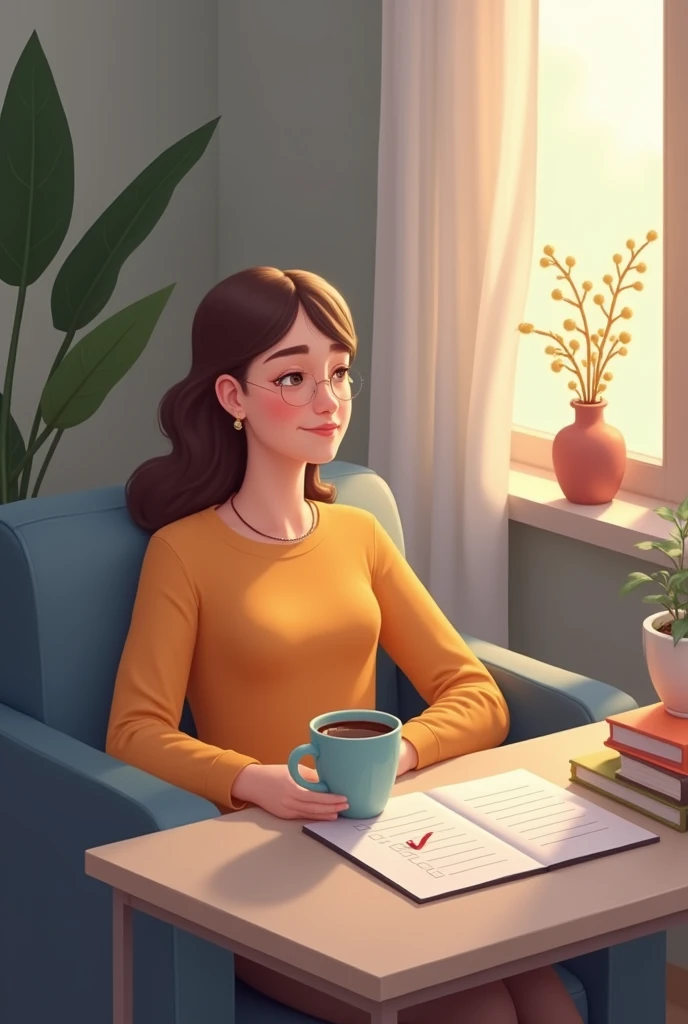 a person relaxing with a cup of coffee, a completed checklist next to them.