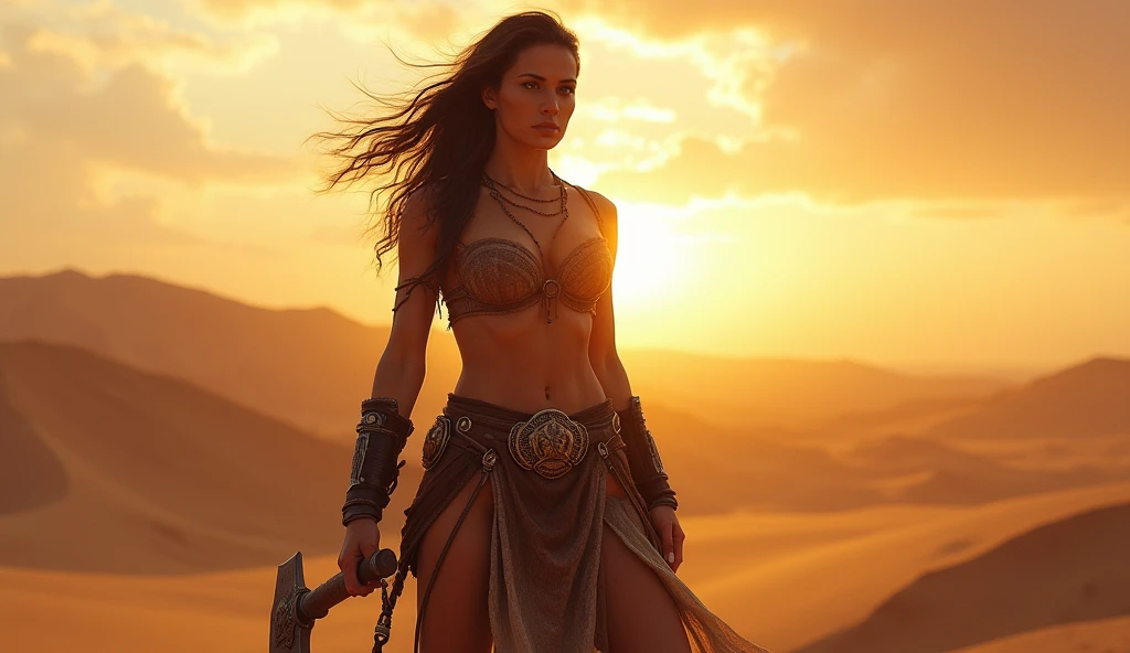 beautiful barbarian girl, beautiful breasts, beautiful hips, battle axe, desert, sun,