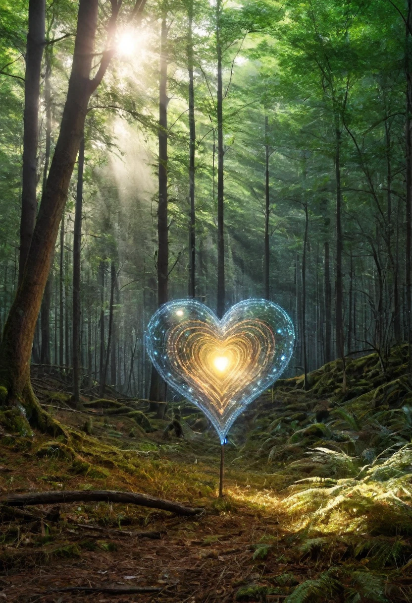 a surreal heart in a forest clearing, (best quality,4K,8k,highres,masterpiece:1.2),Ultra-detail,(Realists,photoRealists,photo-Realists:1.37),elaborate details,cinematic lighting,The Fantasy,Digital Drawing, Very detailed,Film composition,keen focus,photoRealists,hyperRealists,mystical,Ethereal,fantastic,exhilarated,noticeable,dream-like,conceptual,imaginative