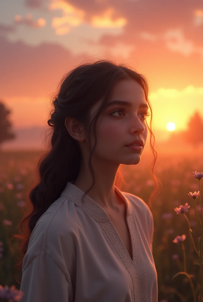I'll try to describe the scene for you:
A 21-year-old Pakistani girl with a fair complexion and a small nose ring sits alone, watching the sunrise. She has a Roman nose and a serene expression on her face. The sky behind her is a warm blend of orange, pink, and purple hues, with the sun peeking through the clouds. She's surrounded by a peaceful atmosphere, with a few trees or flowers in the background.