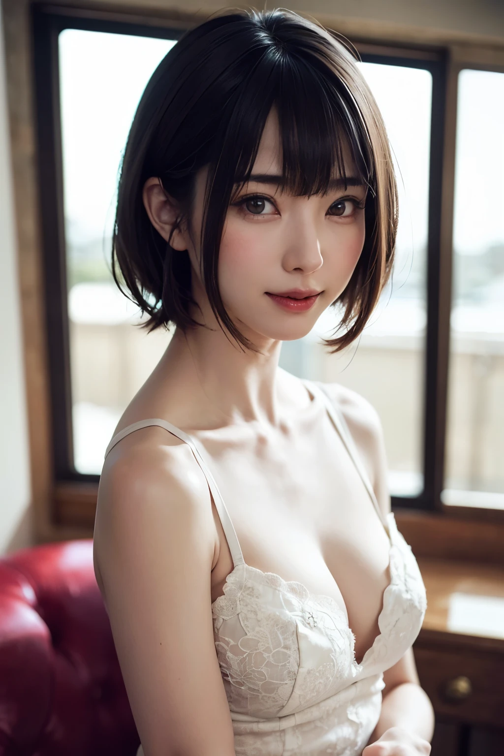 (masterpiece, Highest quality),One Girl, alone, hyper Realistic, Realistic,Realistic, Looking at the audience, Light brown eyes:1.4,Brunette Short Bob Hair with highly detailed shiny hair, Brightly colored winter clothes, Lepangas:1.4), Plein Air, Mouth closed, Upper Body、big chest eye、eyelash、{Huge|big|非常にbig|Mega} chest:2, chestの谷間:2、{Huge|big|expensive|Mega} chest:2, chestの谷間:2、The large windows overlook the strait valley..、(((big chest eye、Short Bob Hair、Glowing Skin、Shiny Hair、Student Highlights、Gazing at the audience、She is very beautiful and cute、Listen carefully、Long neck、smile、Close your mouth and smile、bangsと美しい歯、bangs、Perfect Anatomy)))、Ideal body type、(Snowy tree-lined road in winter in Norway, Out of focus background)、美しいLong neck:1.4、Very attractive, 美しくてかわいいVery attractive女性、