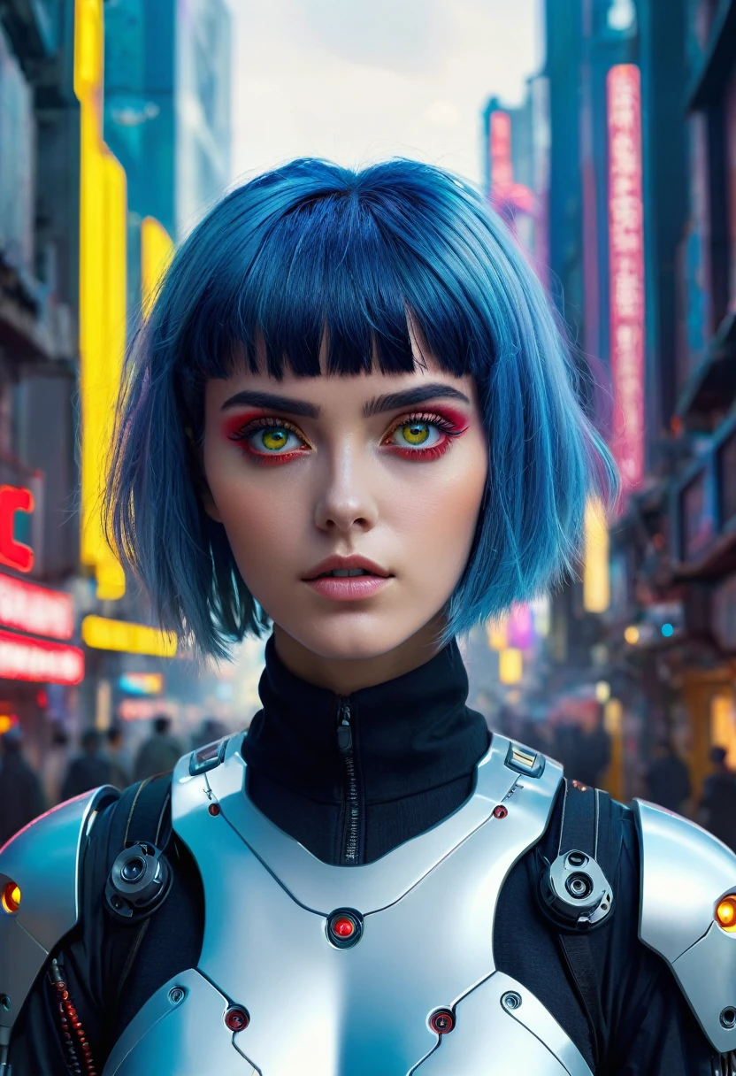 (masterpiece:1.3), (best cinematographic quality:1.2), (extremely detailed settings:1), (Suave+artistic lighting), (1 girl), short blue haired, (eyes+yellow+red:1.4), (multicolored eyes+heterochromia), wearing cyberpunk clothing, Futuristic, technological, city landscape with (robots around)0.4], giving a dramatic landscape.