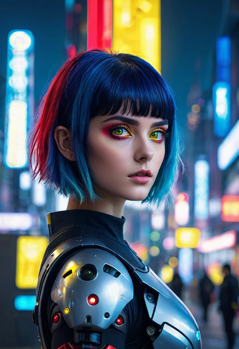 (masterpiece:1.3), (best cinematographic quality:1.2), (extremely detailed settings:1), (Suave+artistic lighting), (1 girl), short blue haired, (eyes+yellow+red:1.4), (multicolored eyes+heterochromia), wearing cyberpunk clothing, Futuristic, technological, city landscape with (robots around)0.4], giving a dramatic landscape.