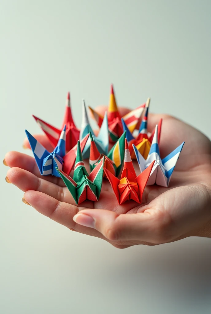 Thousand paper cranes with the world's flag designs On the palm of your hand