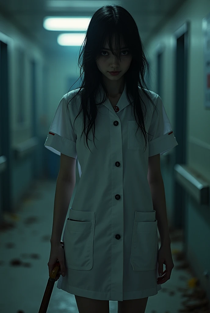 best quality,1 girl，(20 years old,black hair,Darkness,Nurse Clothing),sparkling eyes,(Carrying a bloody knife),(evil smile:1.3),whole body, sexy body,White skin,pale skin,chest,(whole body:1.3),(crazy:1.3), (Destroyed hospital,Electric spark,(very dark:1.5),dirty, Be a mess,(In the operating room:1.3),night),(dynamic angle:1.8),dynamic pose,long shot,sight,[fear:2.0],dynamic angle