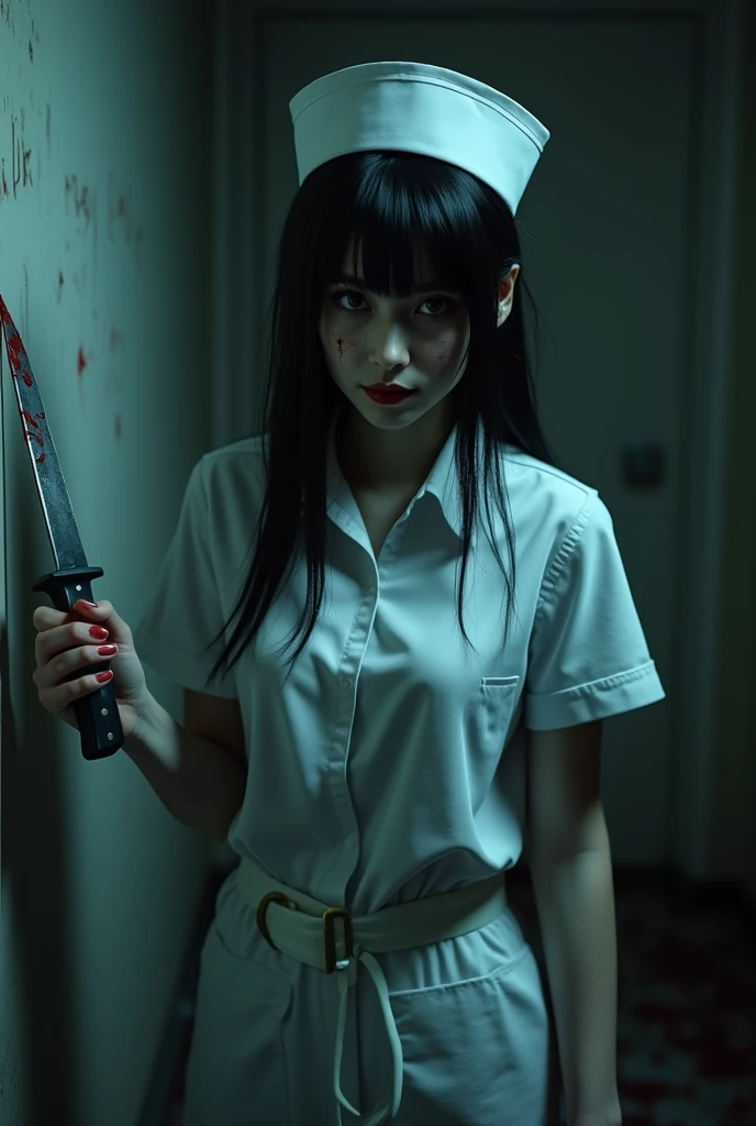 best quality,1 girl，(20 years old,black hair,Darkness,Nurse Clothing),sparkling eyes,(Carrying a bloody knife),(evil smile:1.3),whole body, sexy body,White skin,pale skin,chest,(whole body:1.3),(crazy:1.3), (Destroyed hospital,Electric spark,(very dark:1.5),dirty, Be a mess,(In the operating room:1.3),night),(dynamic angle:1.8),dynamic pose,long shot,sight,[fear:2.0],dynamic angle