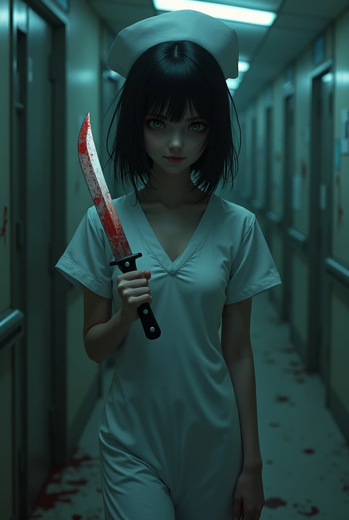 best quality,1 girl，(20 years old,black hair,Darkness,Nurse Clothing),sparkling eyes,(Carrying a bloody knife),(evil smile:1.3),whole body, sexy body,White skin,pale skin,chest,(whole body:1.3),(crazy:1.3), (Destroyed hospital,Electric spark,(very dark:1.5),dirty, Be a mess,(In the operating room:1.3),night),(dynamic angle:1.8),dynamic pose,long shot,sight,[fear:2.0],dynamic angle