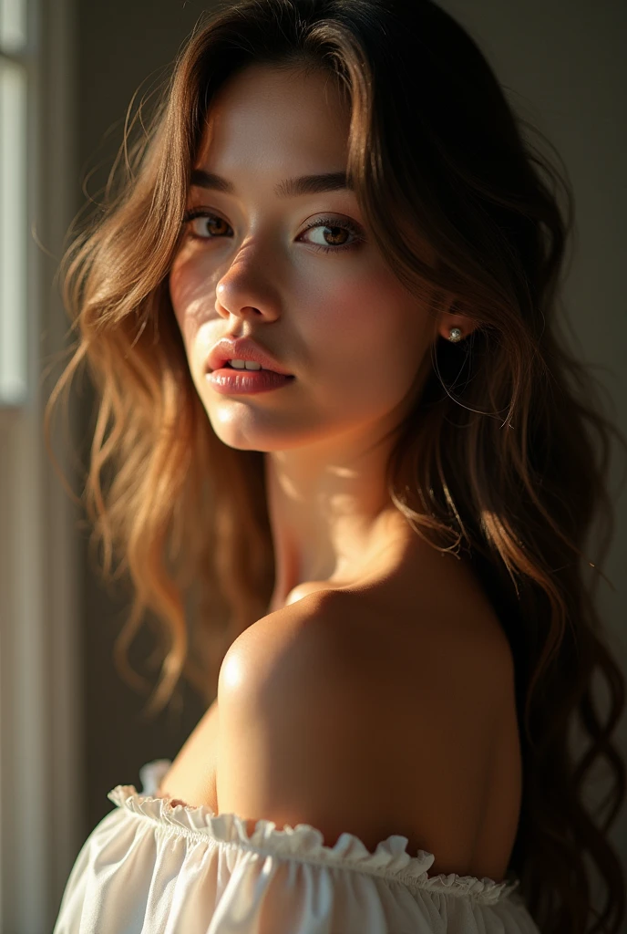 best quality, masterpiece, Ultra-high resolution, (Reality: 1.4), RAW photos, 1 Girl, Off-shoulder, Movie Lighting, Sexy pose, Heterochromia