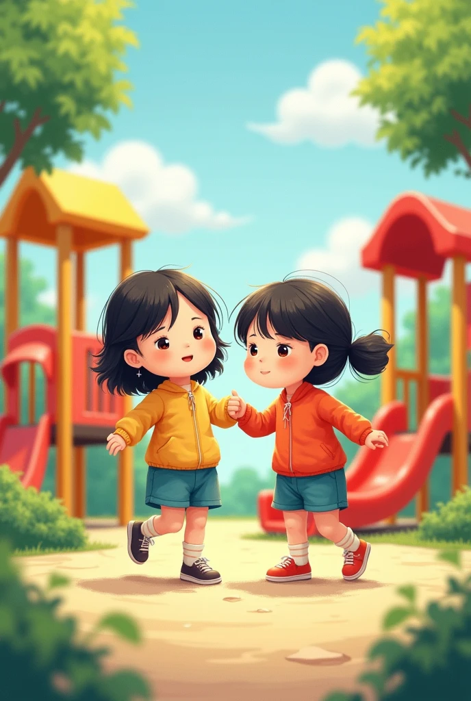 Two Korean children girls, Cutes, by hand, On the playground