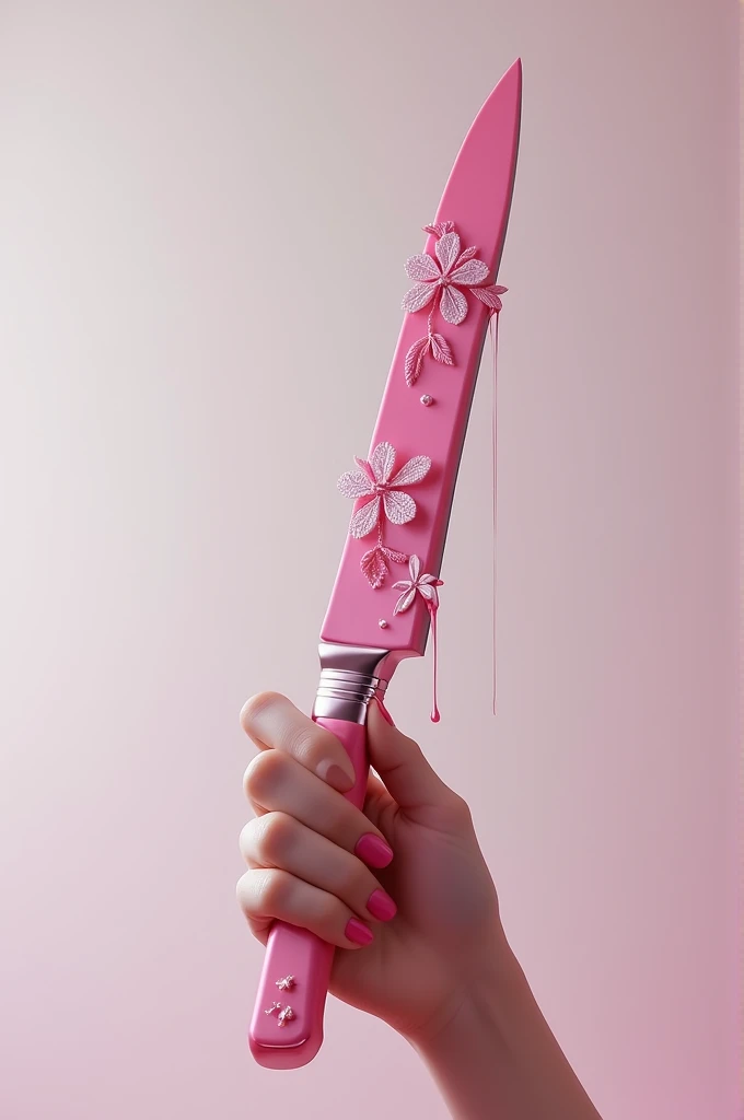 A female hand holding a pink knife with pink dripping icing with lace