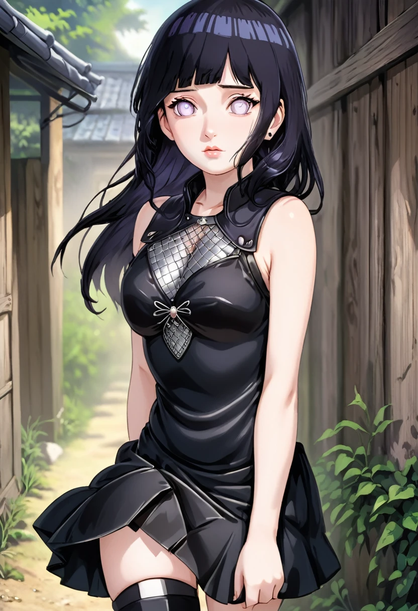 A woman (hyuuga hinata) with Roxo hair and Luminous eyes(Empty eyes)  looks at the camera, 
ruanyi0801,revealing clothes,jewelry,chainmail,sleeveless,tight skirt
Beautiful picture of the character, character portrait, character portrait, 🤤 hinata huyga character art, epic portrait illustration, 
oil and watercolor painting, dark, chiaroscuro, MythAn1m3(UHigh resolution, retina, masterpiece, Accurate, Anatomically correct, Textured skin, Very detailed, Attention to detail, high quality, 最high quality, High resolution, 1080p, High resolution, 4K, 8k, 16k), (Beautiful details, Beautiful lip detail, Very detailedな目と顔),(masterpiece:1.2, 最high quality), (Realistic, photoRealistic:1.4), Beautiful illustrations, (Natural Side Lighting, Cinema Lighting), Looking at the audience, Upper Body, (Front view), 1 girl, Perfect Face, Symmetrical cute face, Shiny skin, , Long eyelashes, (Mid-chest), (Wide Hips:1.2),Shortcuts,Beautiful Hair, Beautiful Face, Beautiful and beautiful eyes, Beautiful body, Beautiful breasts, Beautiful thighs, Beautiful feet, Beautiful fingers,
(Beautiful views),16 years n,Woman in black corset and goth hair, With earrings, One Girl, alone, Black Hair, short hair, ring,(pierce:1.5),(Punk Style:1.5),(Gothic Dress),(Black Lips:1.7),