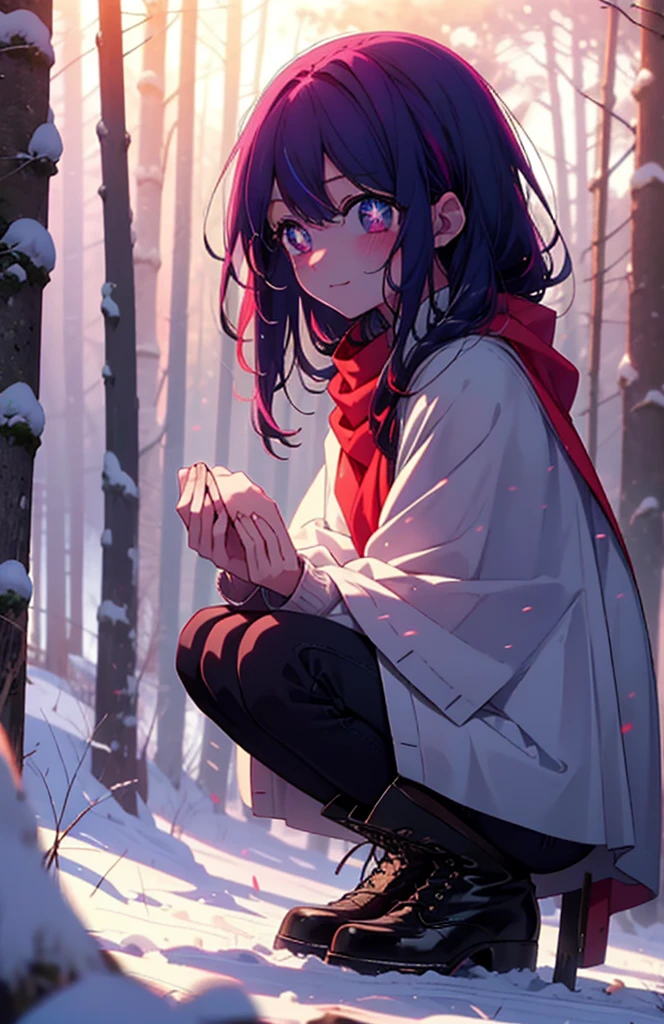 aihoshino, Ai Hoshino, Long Hair, bangs, (Purple eyes:1.1), Purple Hair, (Symbol-shaped pupil:1.5), smile,,smile,blush,white breath,
Open your mouth,snow,Ground bonfire, Outdoor, boots, snowing, From the side, wood, suitcase, Cape, Blurred, , forest, White handbag, nature,  Squat, Mouth closed, Cape, winter, Written boundary depth, Black shoes, red Cape break looking at viewer, Upper Body, whole body, break Outdoor, forest, nature, break (masterpiece:1.2), Highest quality, High resolution, unity 8k wallpaper, (shape:0.8), (Beautiful and beautiful eyes:1.6), Highly detailed face, Perfect lighting, Extremely detailed CG, (Perfect hands, Perfect Anatomy),