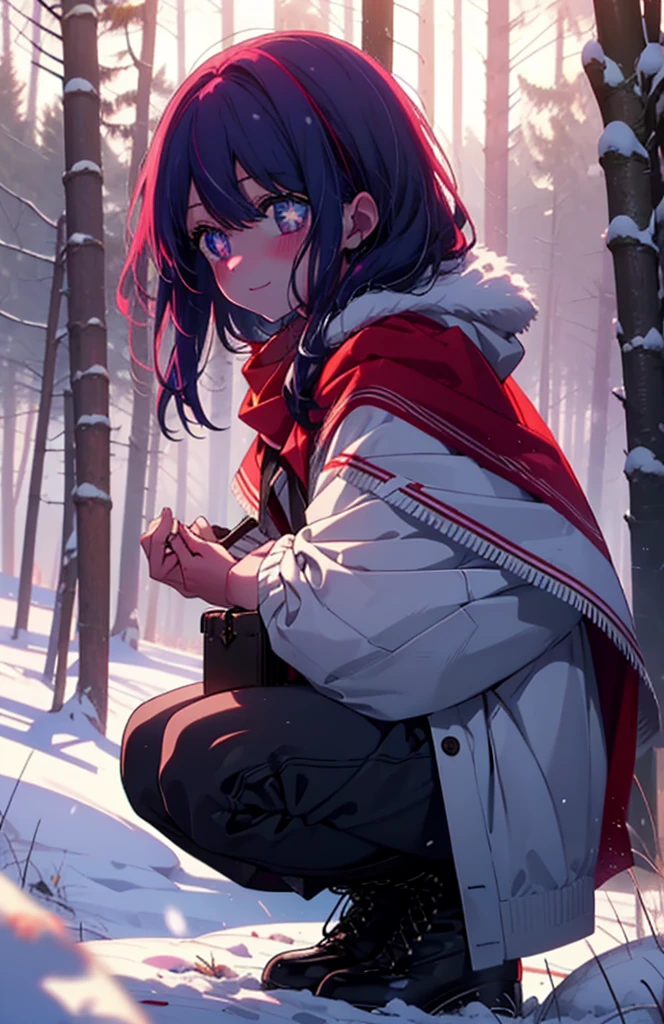 aihoshino, Ai Hoshino, Long Hair, bangs, (Purple eyes:1.1), Purple Hair, (Symbol-shaped pupil:1.5), smile,,smile,blush,white breath,
Open your mouth,snow,Ground bonfire, Outdoor, boots, snowing, From the side, wood, suitcase, Cape, Blurred, , forest, White handbag, nature,  Squat, Mouth closed, Cape, winter, Written boundary depth, Black shoes, red Cape break looking at viewer, Upper Body, whole body, break Outdoor, forest, nature, break (masterpiece:1.2), Highest quality, High resolution, unity 8k wallpaper, (shape:0.8), (Beautiful and beautiful eyes:1.6), Highly detailed face, Perfect lighting, Extremely detailed CG, (Perfect hands, Perfect Anatomy),