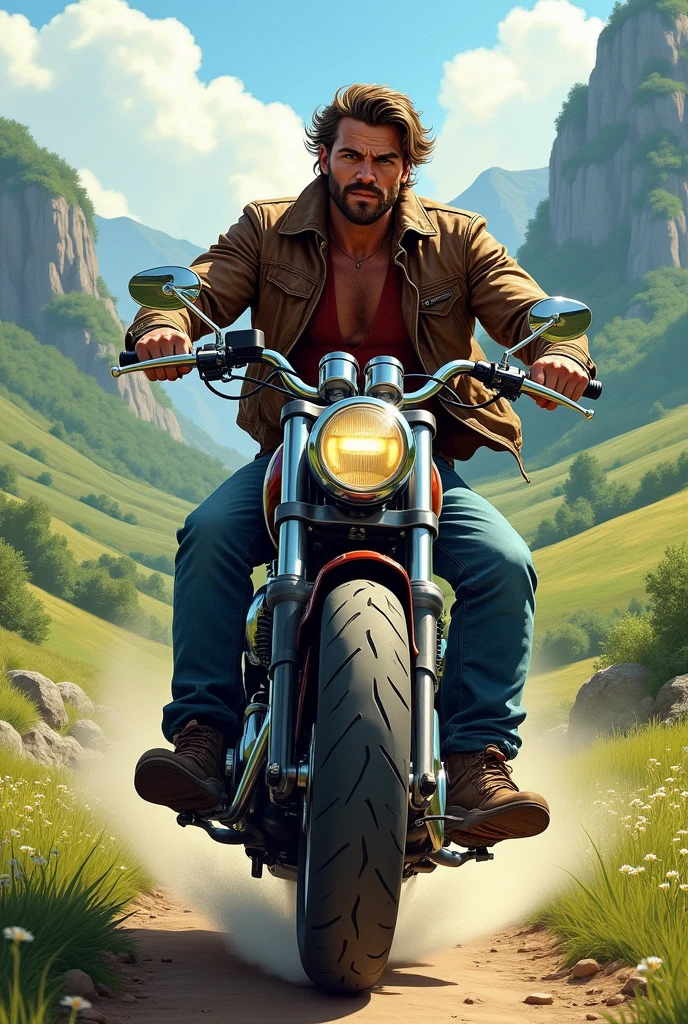 I create a drawing of an adult man on a motorcycle through a valley, without helmet