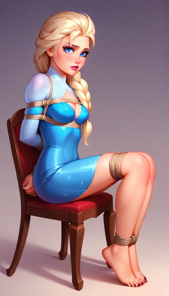score_9, score_8_up, score_7_up, score_6_up, 2girls, elsa (blonde hair, braid, ultra short blue keyhole bodycon dress:1.1) An expression of shame on his face, confusion, Desperation on the face, Knees clenched together, Tense posture, bites his lower lip, anatomically correct, Realistic, side-view,(((barefoot, 5 toes, black toe nails, Focus full body, tied ankles together, tied arms Sit on a chair))),and anna (brown hair, braided pigtails, ultra short white keyhole bodycon dress:1.3),An expression of shame on his face, confusion, Desperation on the face, Knees clenched together, Tense posture, bites his lower lip, anatomically correct, Realistic, side-view,(((barefoot, 5 toes, black toe nails, Focus full body, tied ankles together, tied arms Sit on a chair))), cinematic lighting,, city background, sunset, cowboy shot.