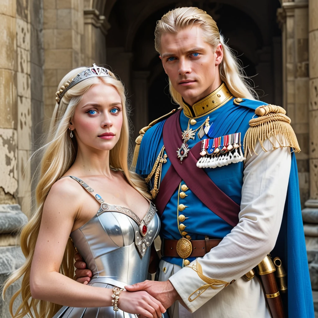 A tall, handsome, statuesque, courageous adult man is a platinum blonde with blue eyes, dressed in an ancient military uniform, he has long straight platinum hair, long bangs, he holds the hand of an incredibly beautiful young fatal blonde woman with blue eyes, long golden hair, she is dressed in a princess dress, she has jewelry, the crown. They're in love.