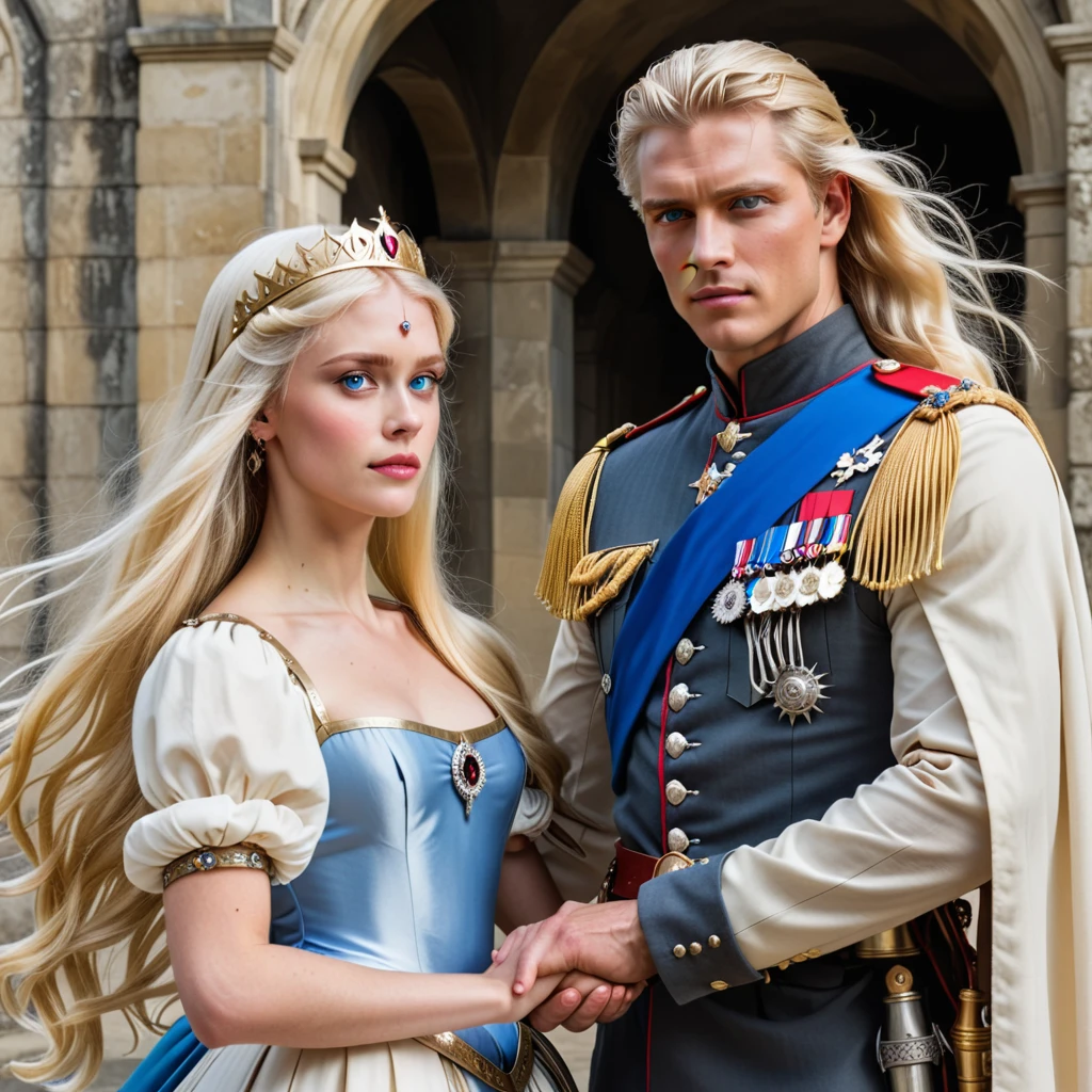 A tall, handsome, statuesque, courageous adult man is a platinum blonde with blue eyes, dressed in an ancient military uniform, he has long straight platinum hair, long bangs, he holds the hand of an incredibly beautiful young fatal blonde woman with blue eyes, long golden hair, she is dressed in a princess dress, she has jewelry, the crown. They're in love.