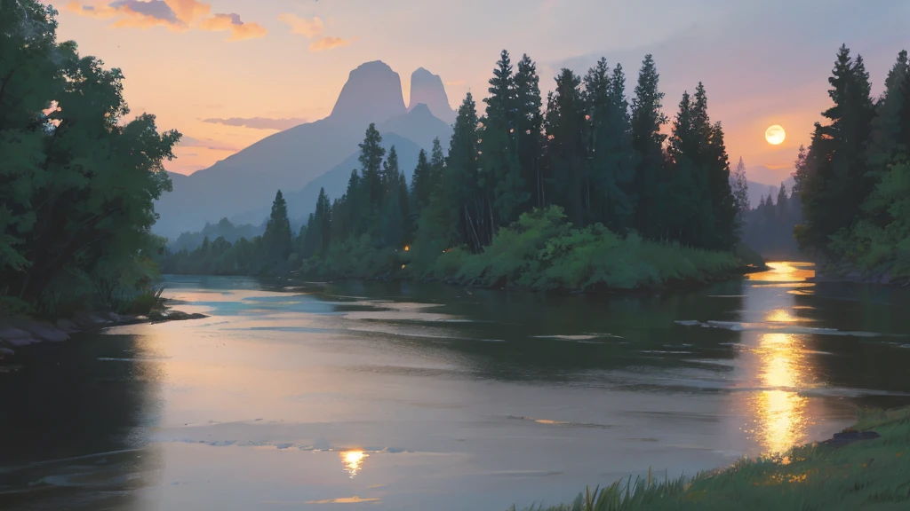 Dim moonlight and river
