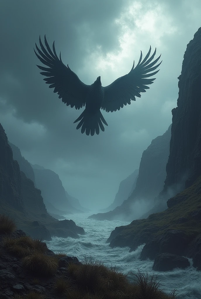 Viking Scenery Raven Breaks Through Clouds Rustic

