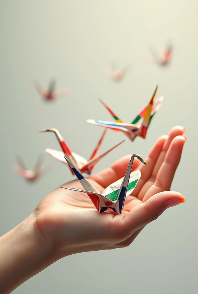 Origami cranes with the world&#39;s flags　On the palm of your hand