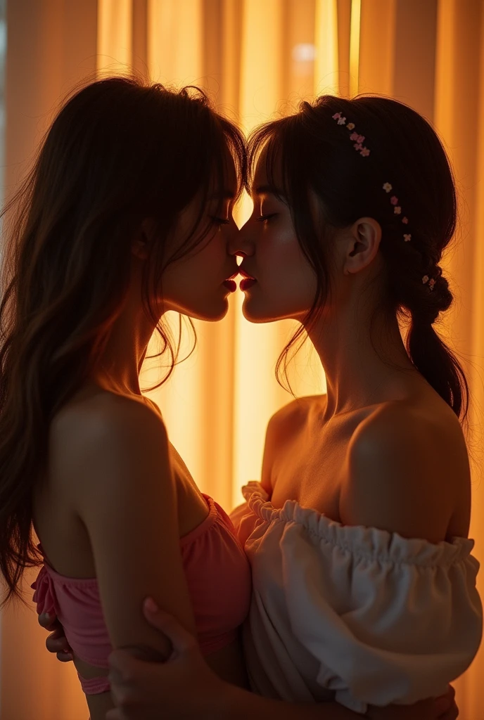best quality, masterpiece, Ultra-high resolution, (Reality: 1.4), RAW photos, 1 Girl, Off-shoulder, Movie Lighting, Kissing Positions, Heterochromia