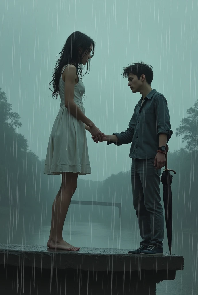 Beutiful sad woman. Standing on the Bridge ledge. Facing boy. Realistic. Add red and white colour. Raining. Boy has a umbrella in his hand. Girl is wearing white dress which is wet because of rain. Both are around 19-20 year old