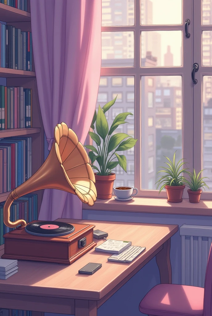 Lots of records、Pastel purple、Anime Style、coffee、Headphones、gramophone