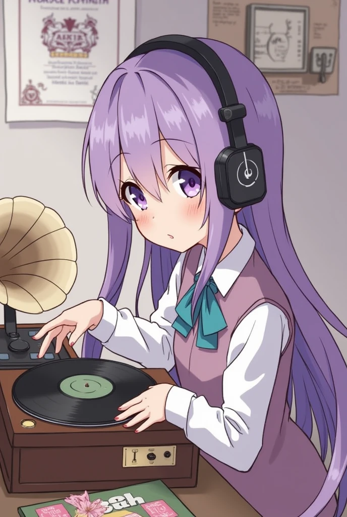Lots of records、Pastel purple、Anime Style、coffee、Headphones、gramophone