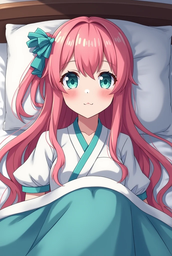 anime style, girl concubine in hanfu lies in bed, she is sick, She has pink hair, turquoise eyes, pharmacist's monologue style, concubine Gyokuyo
