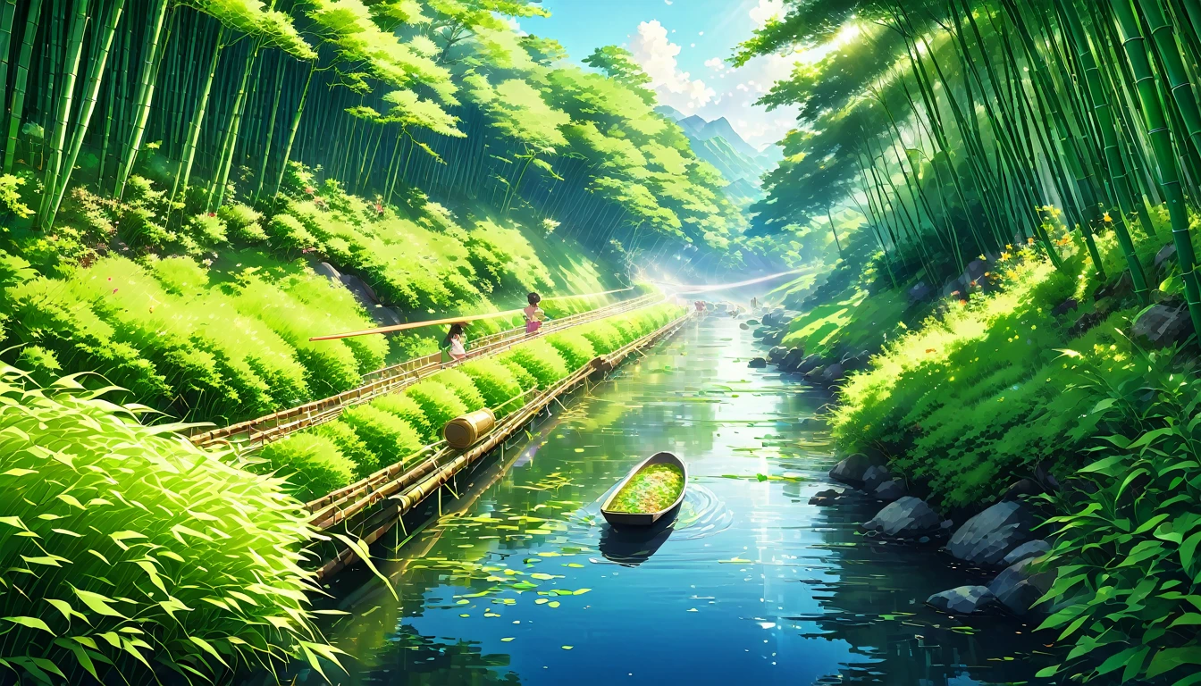 which is a summer tradition of Japan, Nagashi somen, Bamboo Gutter, Somen, Clear Stream, Lush valleys, Sunlight filtering through the trees, Cool scenery, Families, Children's smile, Dip in soup, Scooping the noodles, Summer vacation, Original Japanese Landscape, Nostalgic, Digital interface, Futuristic Technology, 光るSomen, Fusion of nature and technology, Photorealistic, Art Station Quality, High resolution, Detailed texture, 8K, Concept Art, Instagram Post、beautiful Anime Scenery, Landscape painting, Beautiful digital painting, Andreas Rocha, Beautiful artwork illustration, Awesome Wallpapers, Raymond Han, Tall beautiful paintings, Studio Greeble Makoto Shinkai, Beautiful Wallpapers, Anime Scenery