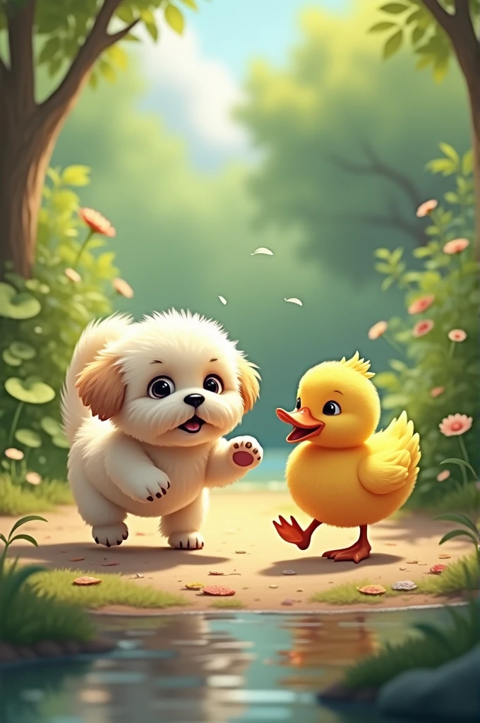 A Shitzu dog playing with a duck 