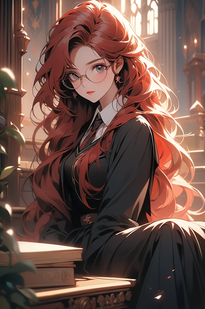 1 girl, floor-long hair, black skirt, academy uniform, hogwarts, glasses, looking down at viewer, floor POV, red hair