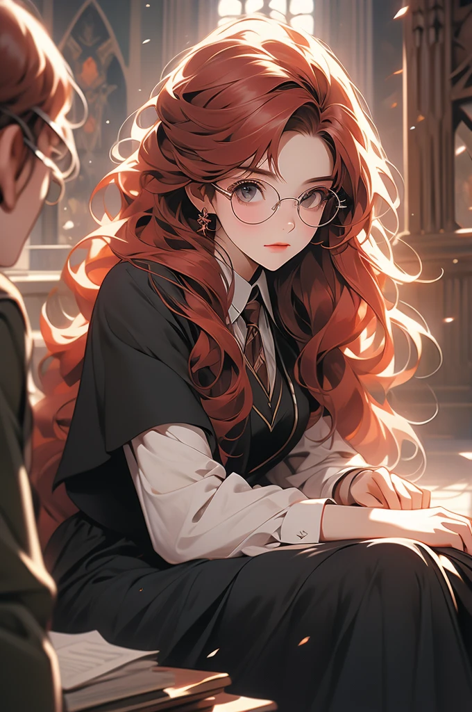 1 girl, floor-long hair, black skirt, academy uniform, hogwarts, glasses, looking down at viewer, floor POV, red hair