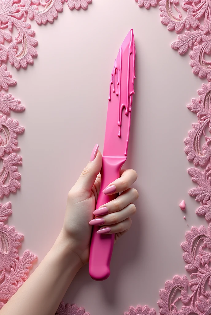 A female hand holding a pink knife with pink icing dripping with lace behind the knife without flowers