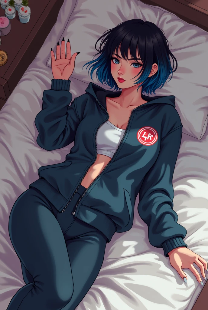 (Pixel Art: 1.2), Beautiful women, Sexy Girls, Designer sweatshirt jacket with logo, Pants, Black short hair，Blue hair ends, bedroom, Lying in bed, (author Isaac Quek: 0.8) [author：Ilya Kuvshinov: 0.65]