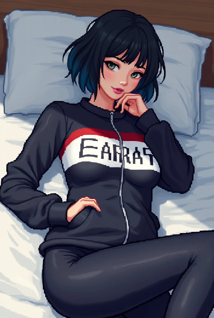 (Pixel Art: 1.2), Beautiful women, Sexy Girls, Designer sweatshirt jacket with logo, Pants, Black short hair，Blue hair ends, bedroom, Lying in bed, (author Isaac Quek: 0.8) [author：Ilya Kuvshinov: 0.65]