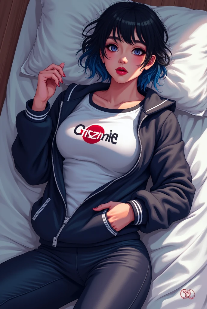 (Pixel Art: 1.2), Beautiful women, Sexy Girls, Designer sweatshirt jacket with logo, Pants, Black short hair，Blue hair ends, bedroom, Lying in bed, (author Isaac Quek: 0.8) [author：Ilya Kuvshinov: 0.65]