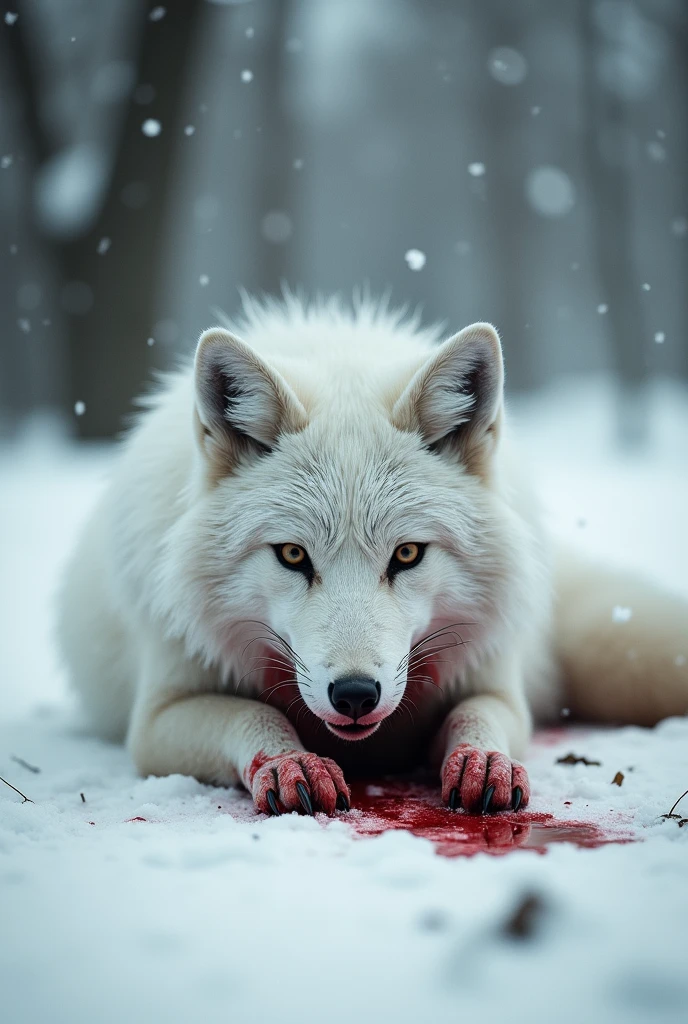 a white fox lying in a snow-covered wilderness, injured and desperate, with blood dripping from its body, its eyes filled with hopelessness and tears, its mouth and body covered in blood, a bleak and desolate scene of heavy snowfall in a silent, monochrome landscape, cinematic black and white photography style, highly detailed, photorealistic