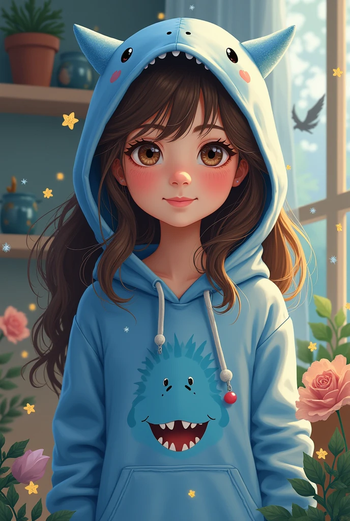 Girl with chocolate hair and blue dino use hoodie