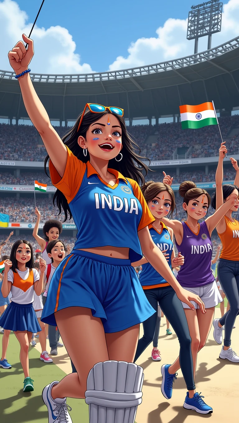 Make cheering girls in cricket stadium in favor of indian cricket team