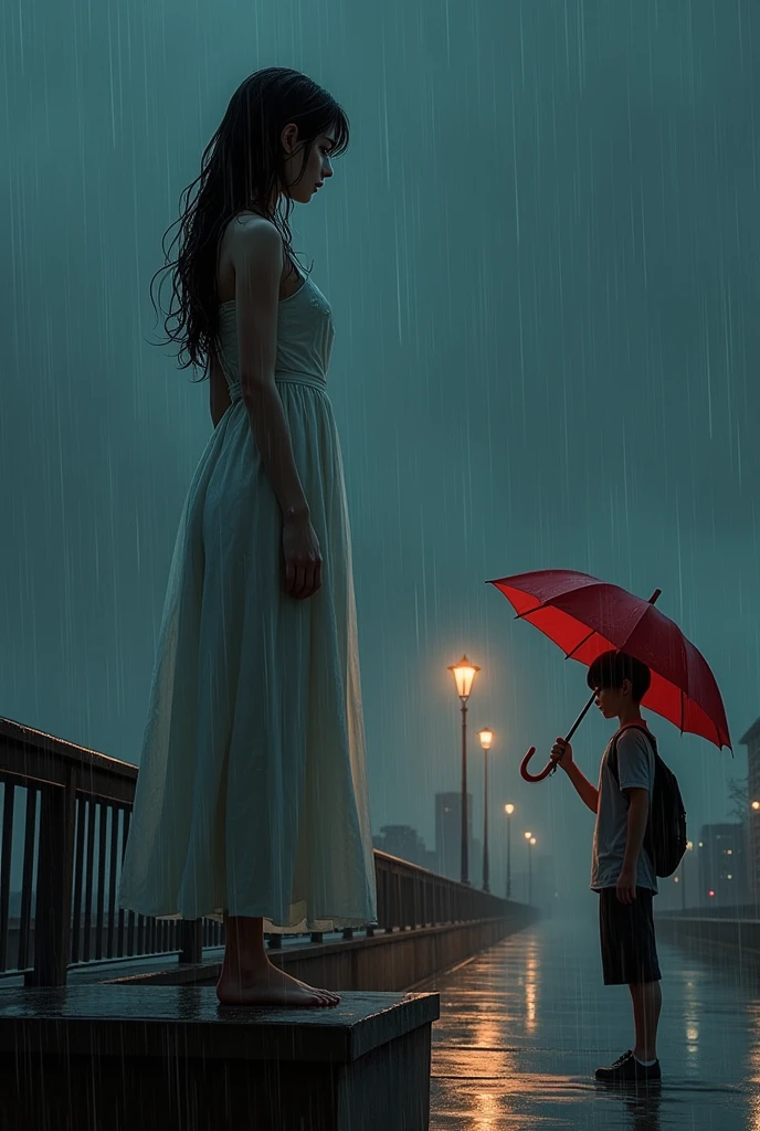 Beutiful sad woman. Standing on the Bridge ledge. Facing boy. Realistic. Add red and white colour. Raining. Boy has a umbrella in his hand. Girl is wearing white dress which is wet because of rain. Both are around 19-20 year old. Night time 