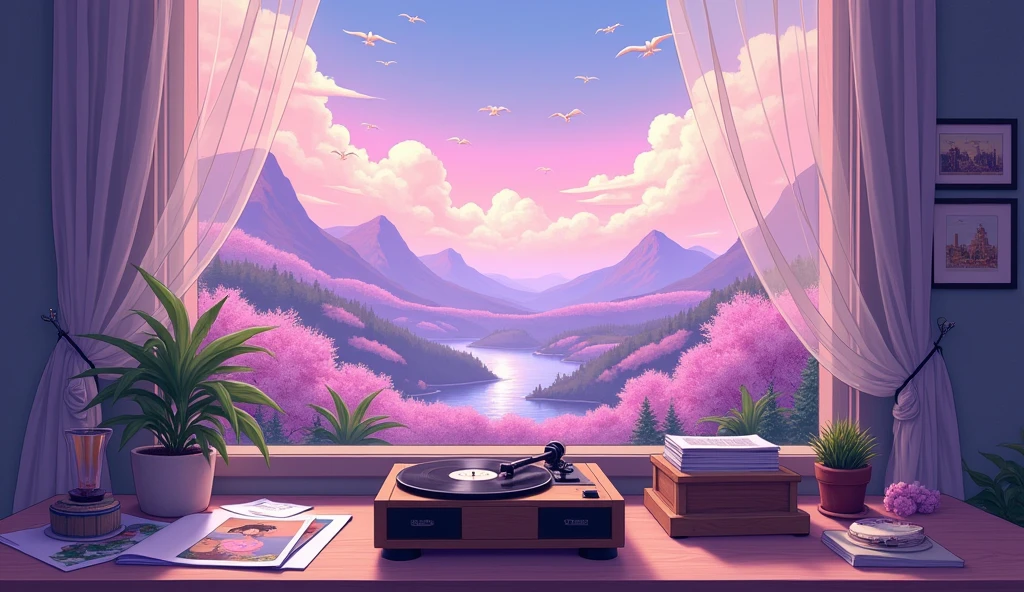 Lots of records、Pastel purple、Anime Style、coffee、Headphones、gramophone、landscape