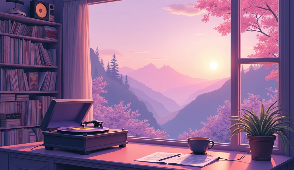 Lots of records、Pastel purple、Anime Style、coffee、Headphones、gramophone、landscape