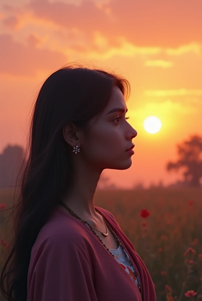 I'll try to describe the scene for you:

A 21-year-old Pakistani girl with a fair complexion and a small nose ring sits alone, watching the sunrise. She has a Roman nose and a serene expression on her face. The sky behind her is a warm blend of orange, pink, and purple hues, with the sun peeking through the clouds. She's surrounded by a peaceful atmosphere, with a few trees or flowers in the background. Show more sky picture should be landscapw

