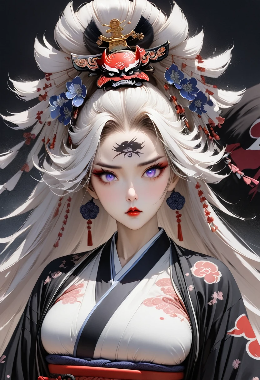 Ink painting, (((1 girl))), (((Tattoo in the middle of the forehead))),(((In the background is the Akatsuki moon))), (((holding a katana sword))), (((Oiran))), (((Great hair accessories))), Japanese style headphones, Demon possession, (((Sakura tree color eyes with engraving inside))), Japanese beauty, White hair, Sensitive and precise, Modern Ukiyo-e style ((Best quality)),(· High accuracy),(Very detailed),(Accurate image.),((Best Photos)),(The finest works of art),Ultra HD art,Amazing art of photography, Japanese style:1.8, (1 woman:1.6),((large scar on upper body:1.5), ronin:1.3,Highwaymen,Japanese Katana Sword, soil:1.5