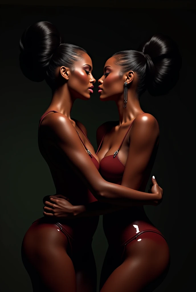 two black girls kissing, shiny latex bodysuit