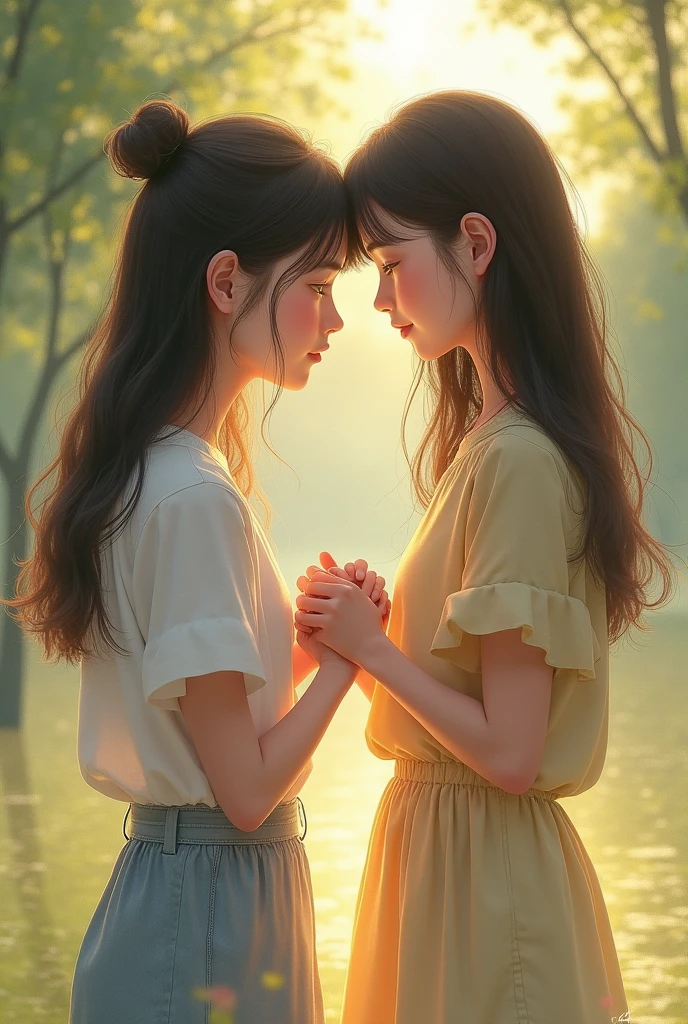 Two Korean girls, agers,hand in hand 