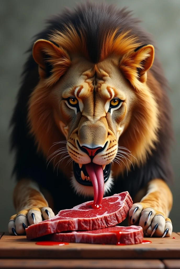 A lion eating steak