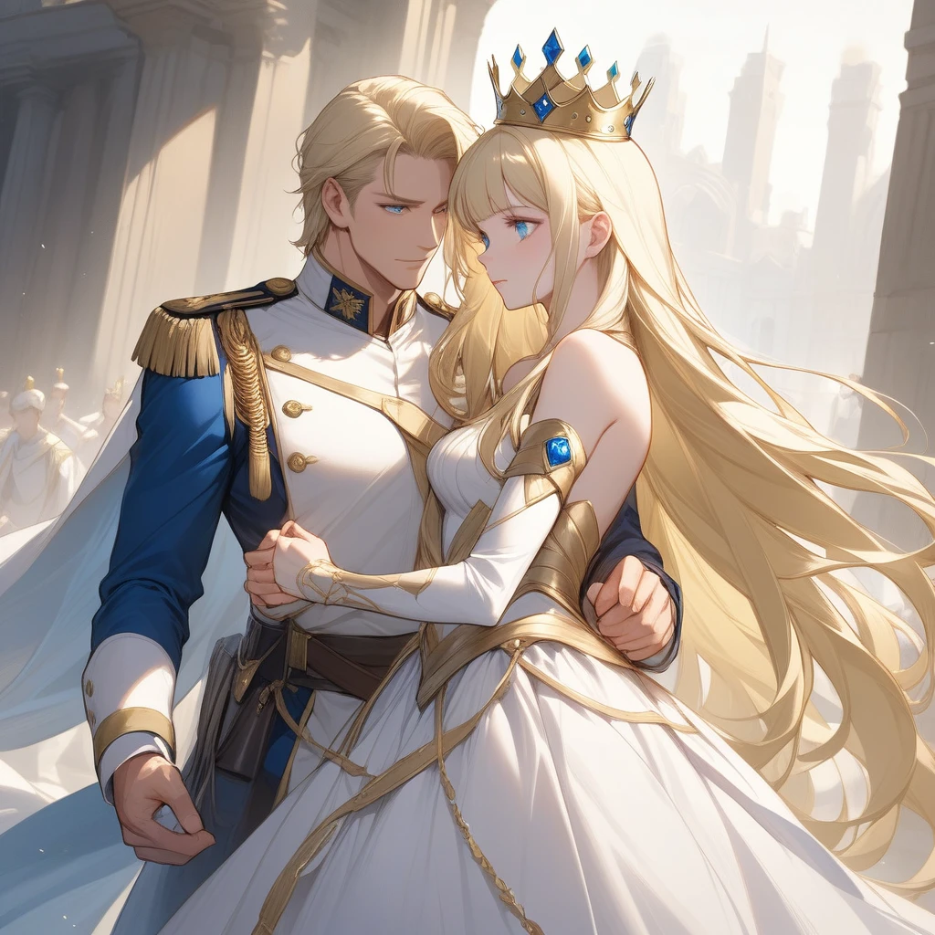 A tall, handsome, statuesque, courageous adult man is a platinum blonde with blue eyes, dressed in an ancient military uniform, he has long straight platinum hair, long bangs, he holds the hand of an incredibly beautiful young fatal blonde woman with blue eyes, long golden hair, she is dressed in a princess dress, she has jewelry, the crown. They're in love.