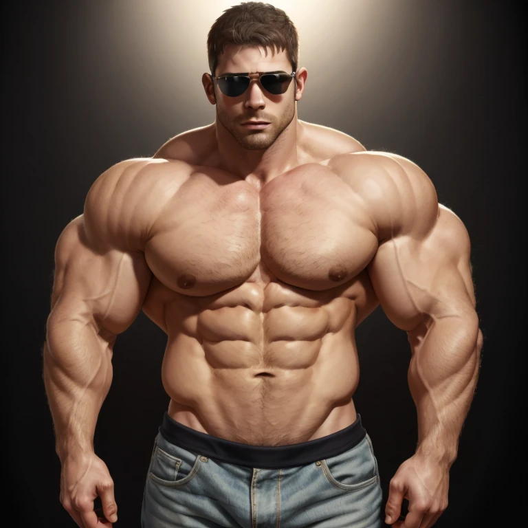 chris redfield, a very handsome young man, white skin, sunglasses, shirtless, exaggeratedly muscular, exaggeratedly huge biceps and arms, exaggeratedly muscular and huge body, on a black background